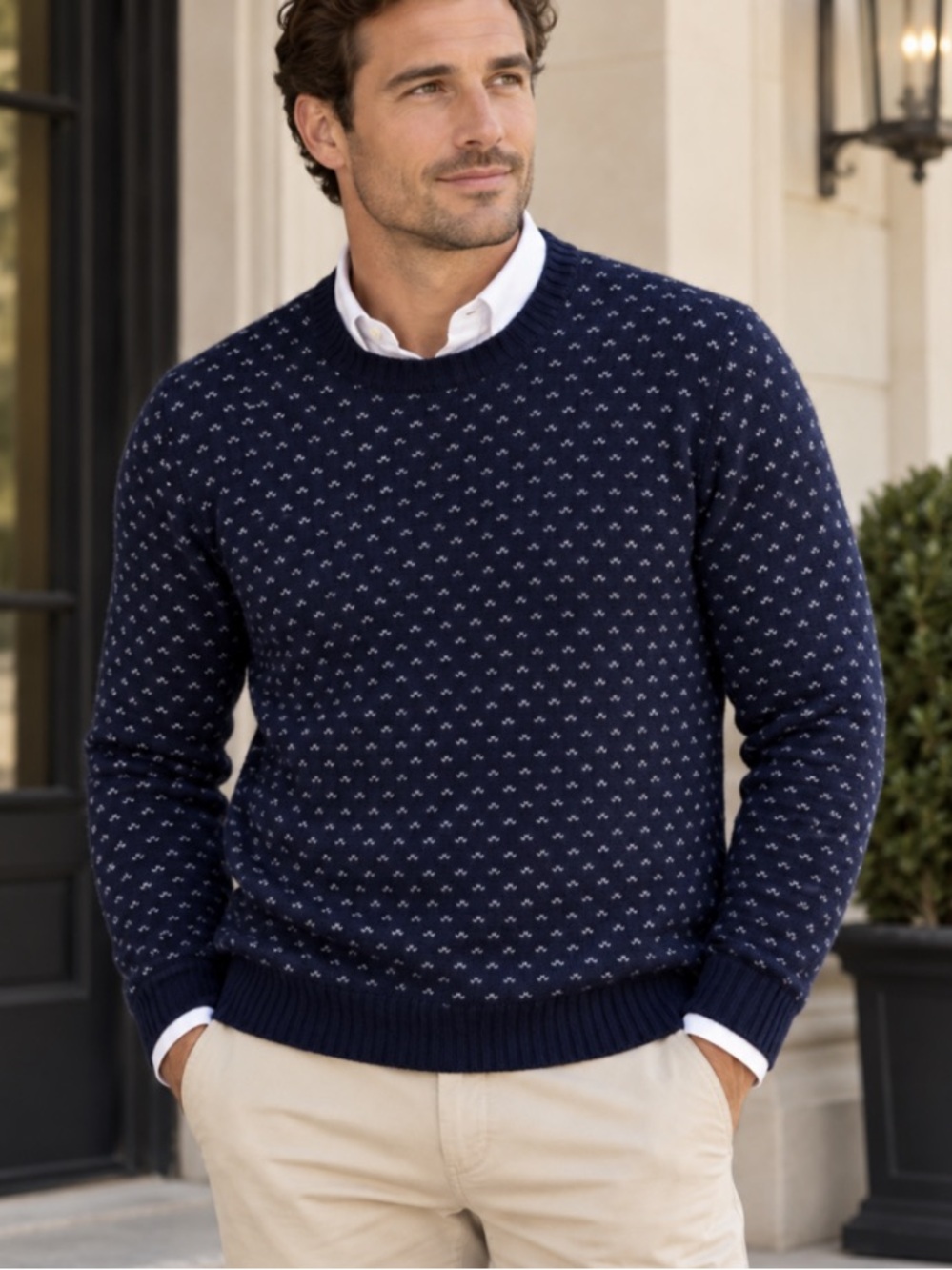 Black Brown 1826 100% Lambswool Men's Navy Patterned Crewneck Sweater